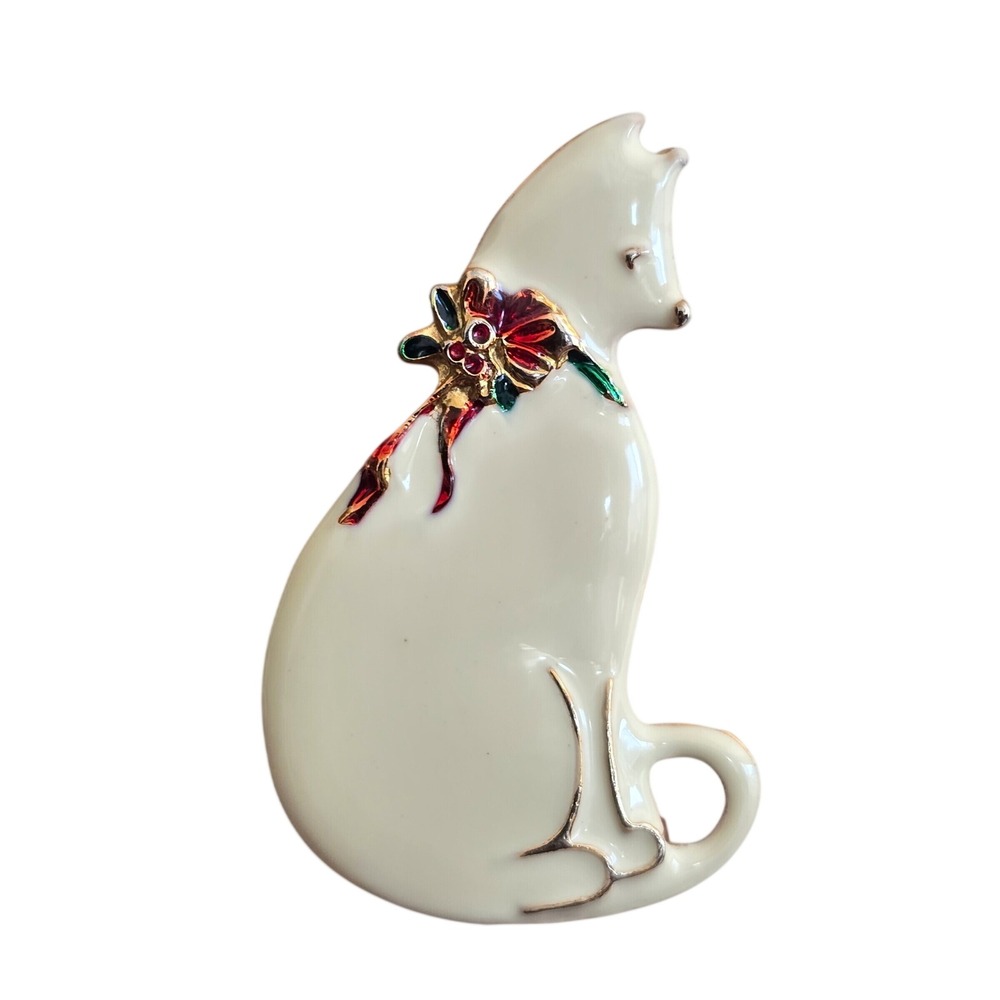 Vero Vintage Cream Enamel Cat Brooch Gold Tone Floral Bow Pin Signed Holiday